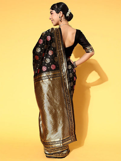 Silk Blend Black Woven Design Saree With Blouse Piece - Odette