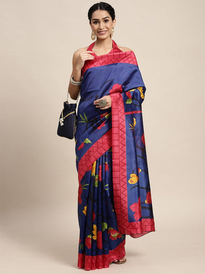 Silk Blend Blue Printed Saree With Blouse Piece - Odette