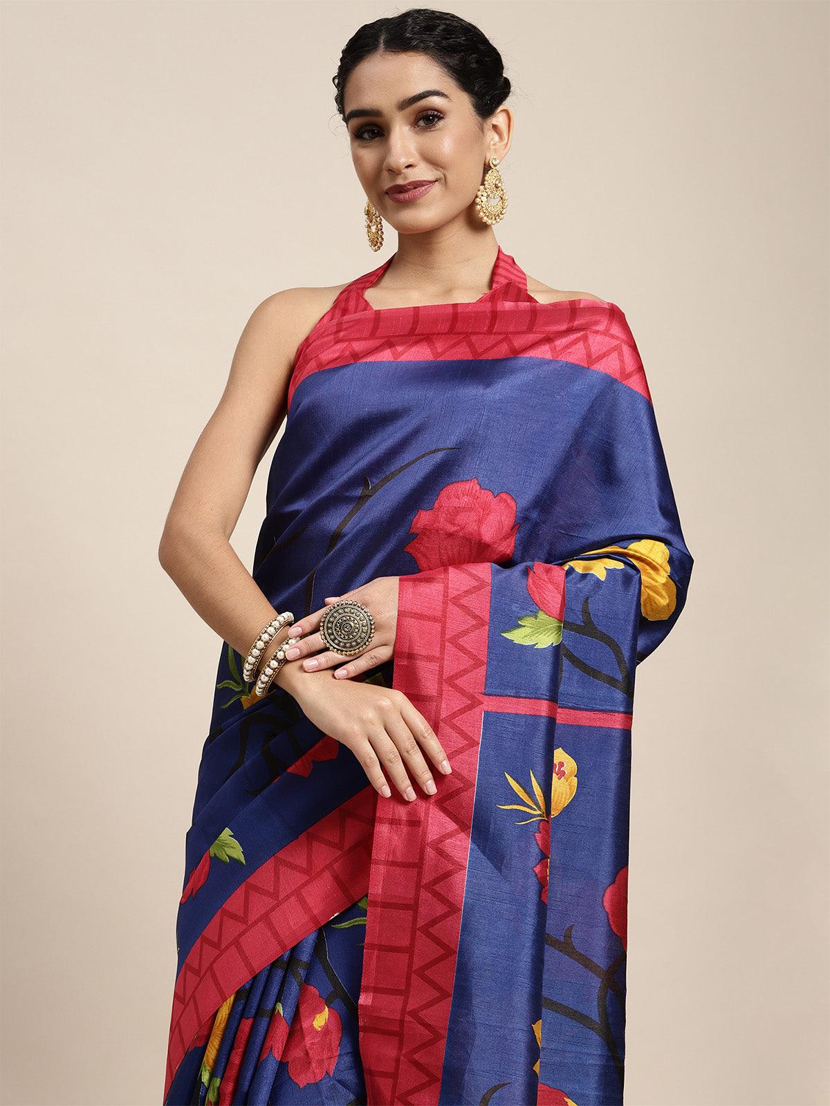 Silk Blend Blue Printed Saree With Blouse Piece - Odette
