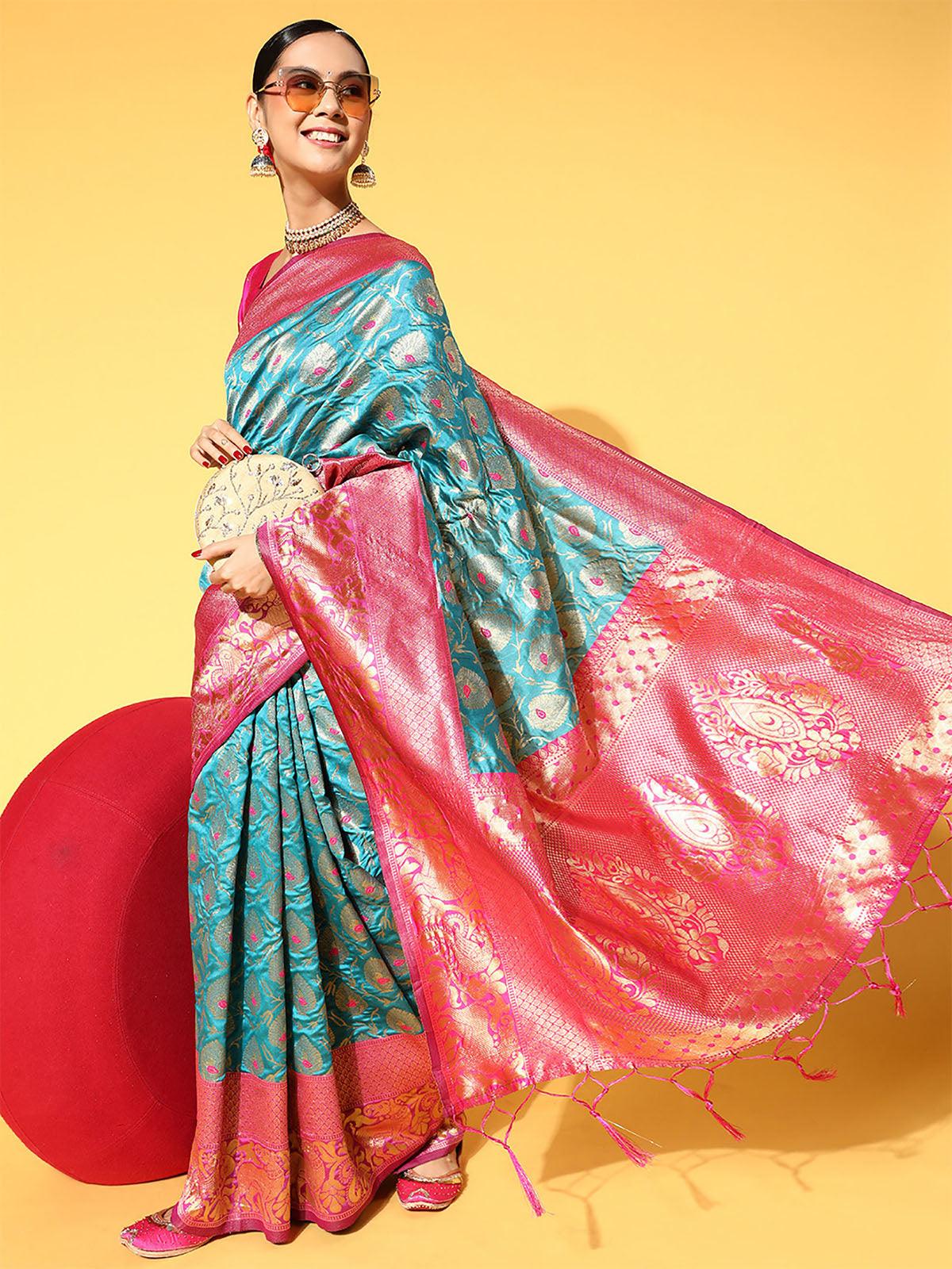 Silk Blend Blue Woven Designer Saree With Blouse Piece - Odette