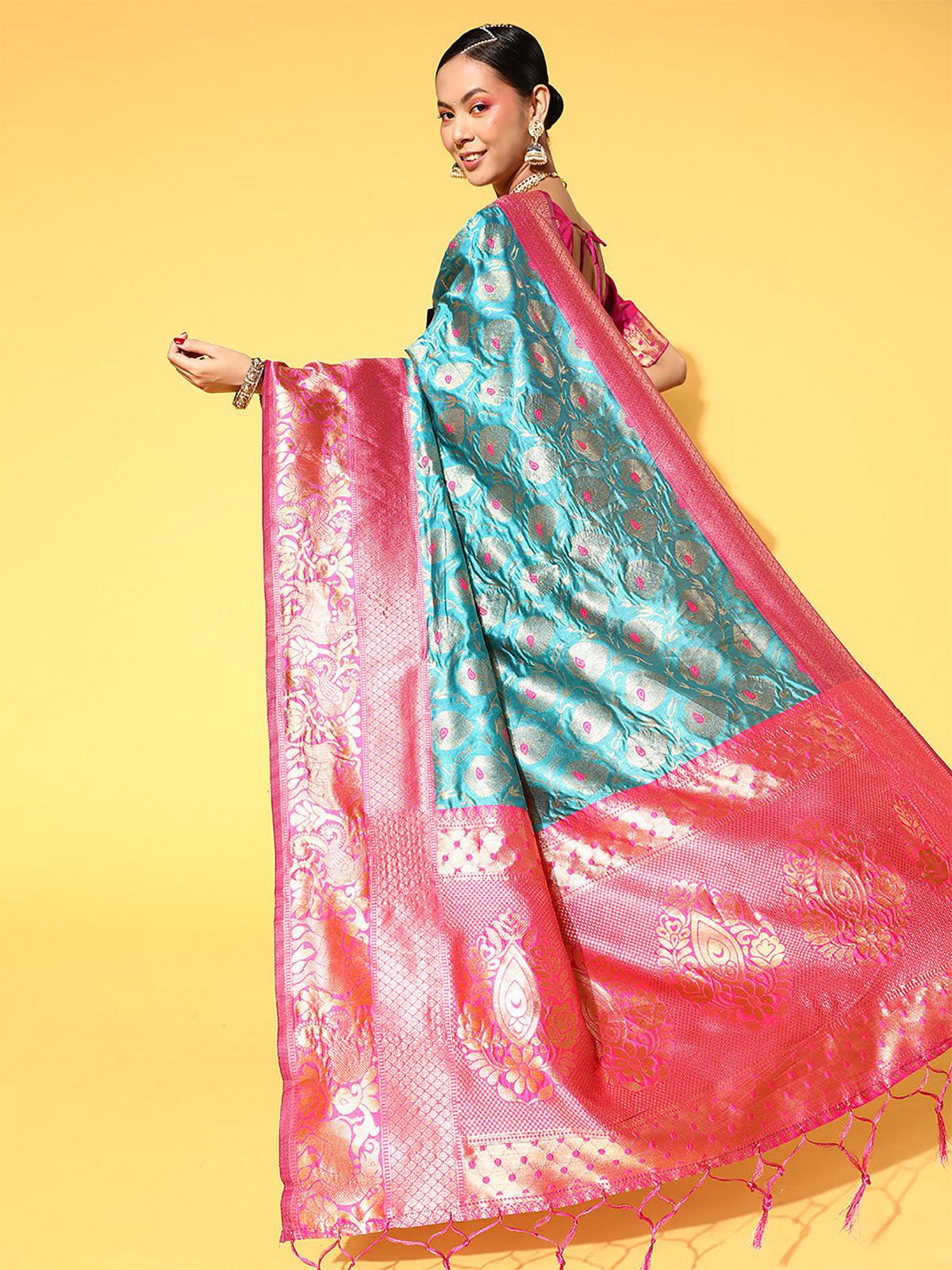 Silk Blend Blue Woven Designer Saree With Blouse Piece - Odette