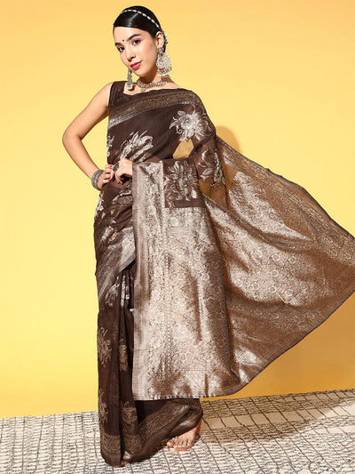 Silk Blend Brown Woven Design Saree With Blouse Piece - Odette