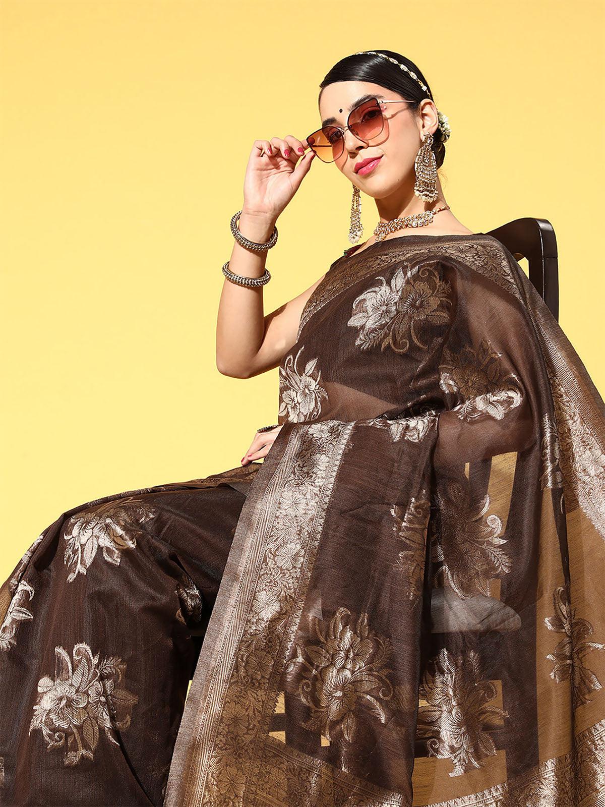 Silk Blend Brown Woven Design Saree With Blouse Piece - Odette