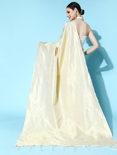 Silk Blend Cream Woven Design Saree With Blouse Piece - Odette