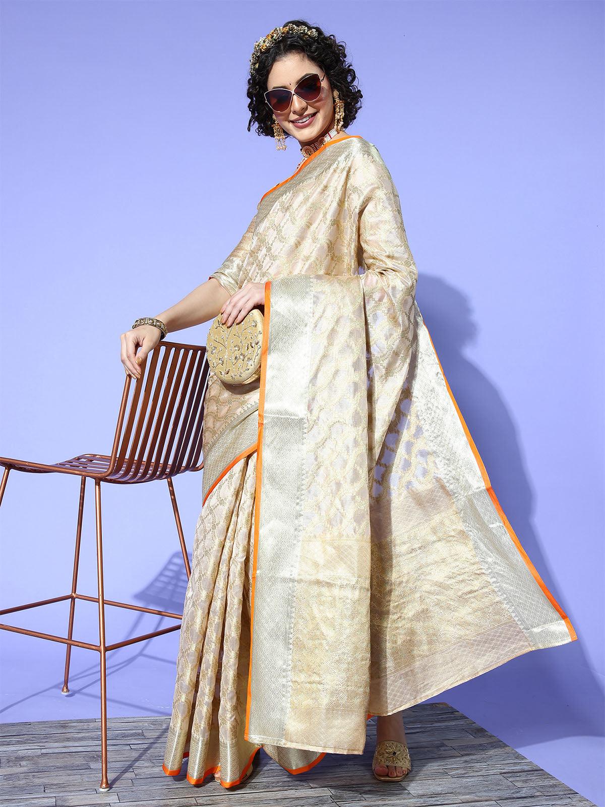 Silk Blend Cream Woven Designer Saree With Blouse Piece - Odette