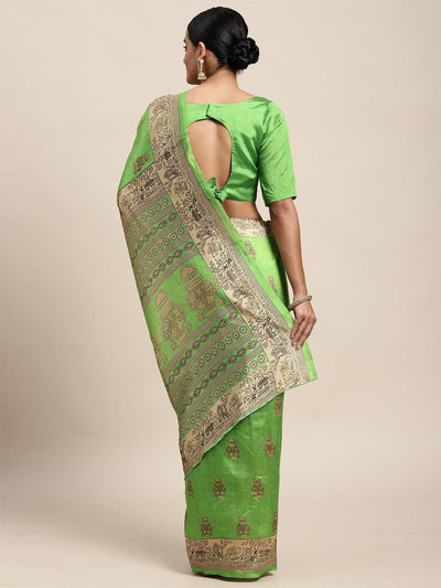Silk Blend Green Printed Saree With Blouse Piece - Odette