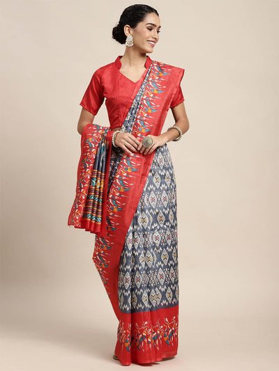 Silk Blend Grey Printed Saree With Blouse Piece - Odette
