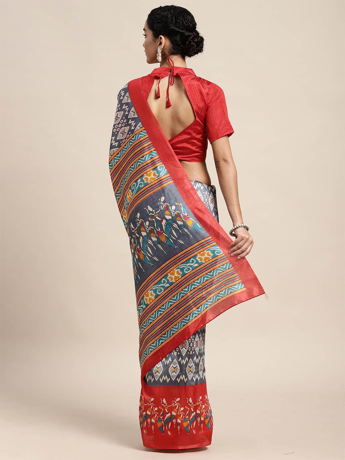 Silk Blend Grey Printed Saree With Blouse Piece - Odette