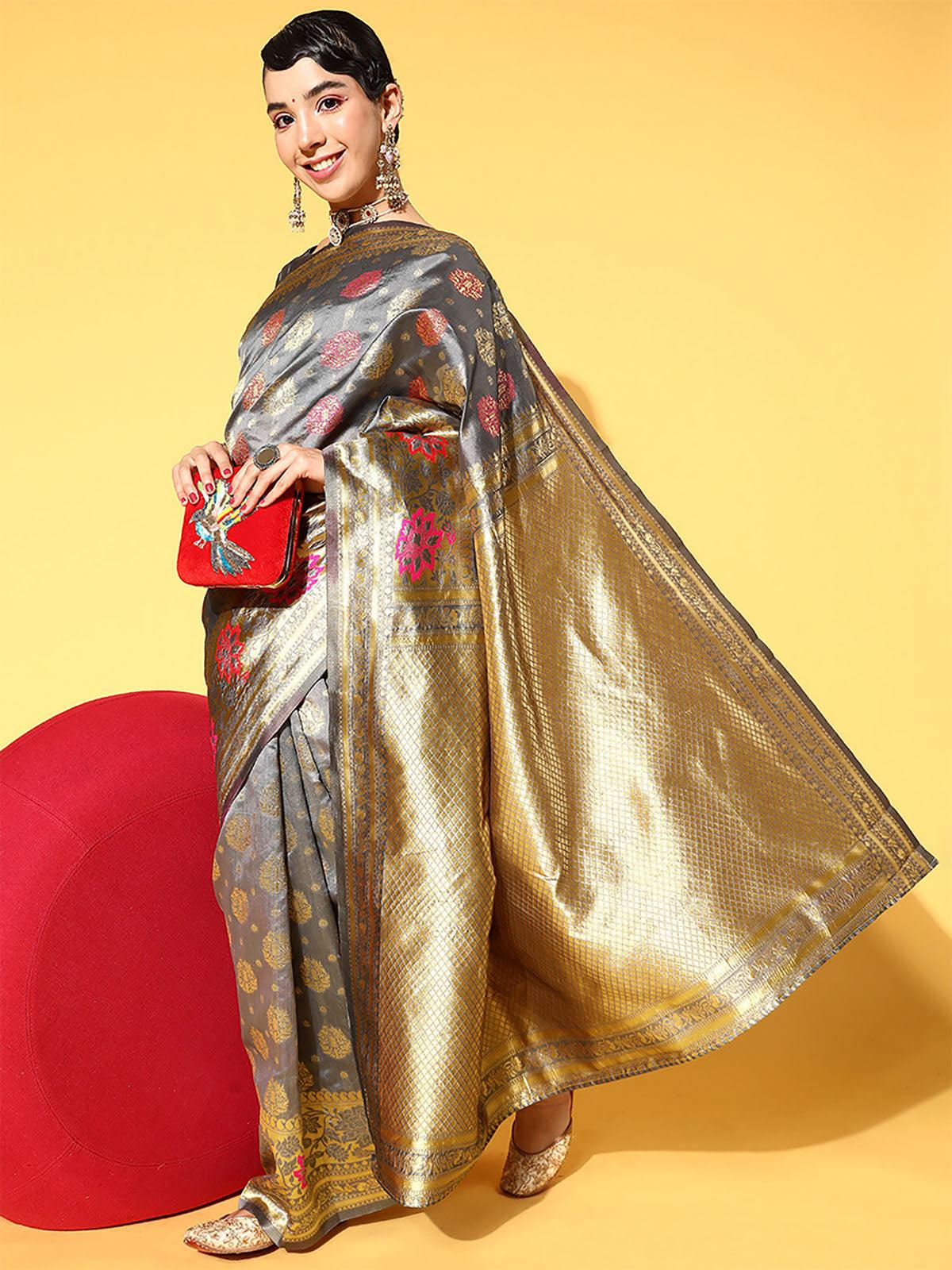 Silk Blend Grey Woven Design Saree With Blouse Piece - Odette