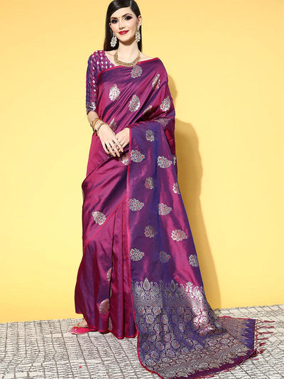 Silk Blend Magenta Woven Design Saree With Blouse Piece - Odette