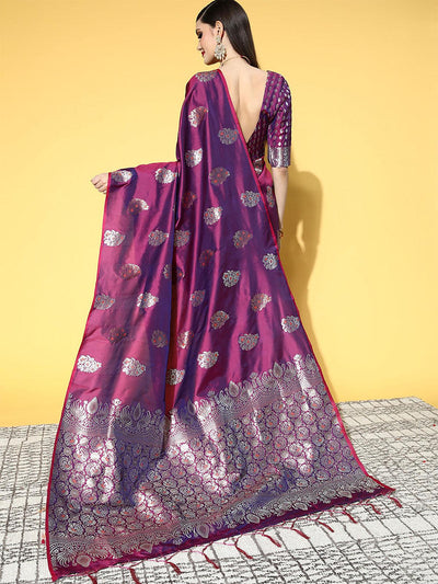 Silk Blend Magenta Woven Design Saree With Blouse Piece - Odette