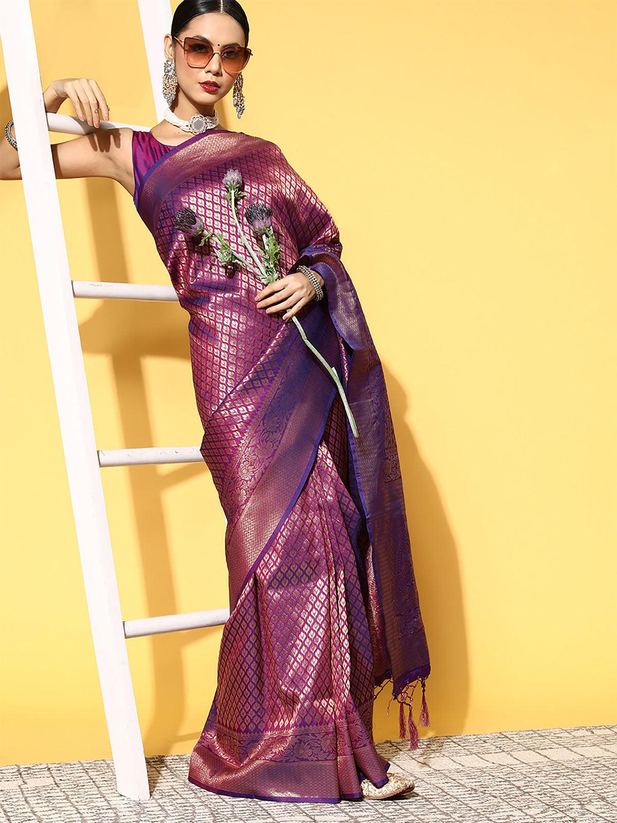 Silk Blend Magenta Woven Designer Saree With Blouse Piece - Odette