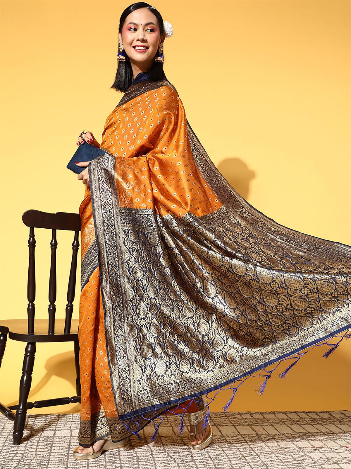 Silk Blend Mustard Woven Design Saree With Blouse Piece - Odette