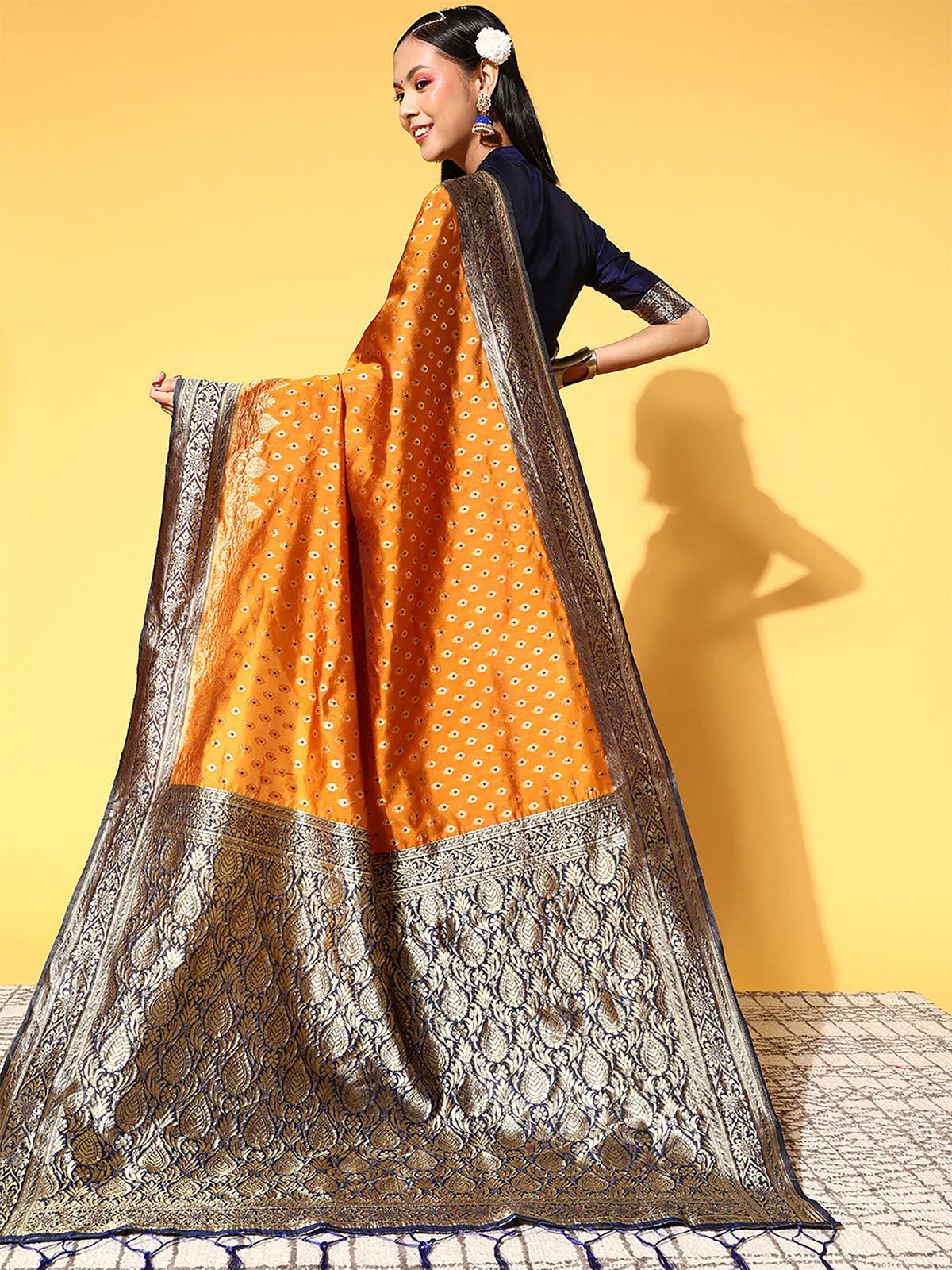 Silk Blend Mustard Woven Design Saree With Blouse Piece - Odette