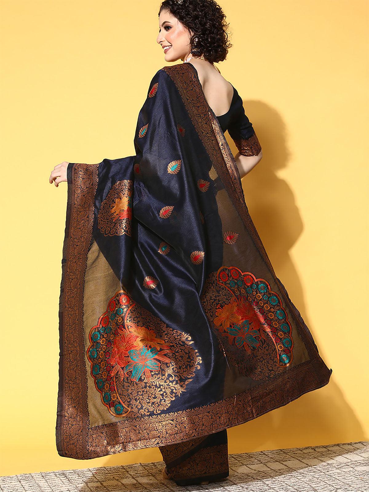 Silk Blend Navy Blue Woven Design Saree With Blouse Piece - Odette