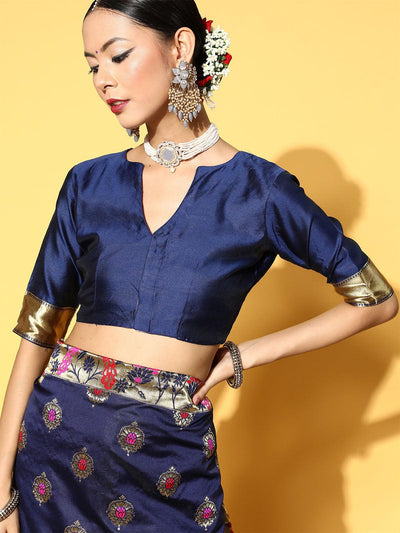 Silk Blend Navy Blue Woven Design Saree With Blouse Piece - Odette