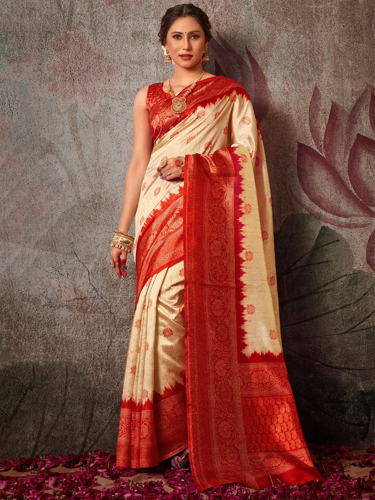 Silk Blend Off White and Red Printed Designer Saree - Odette