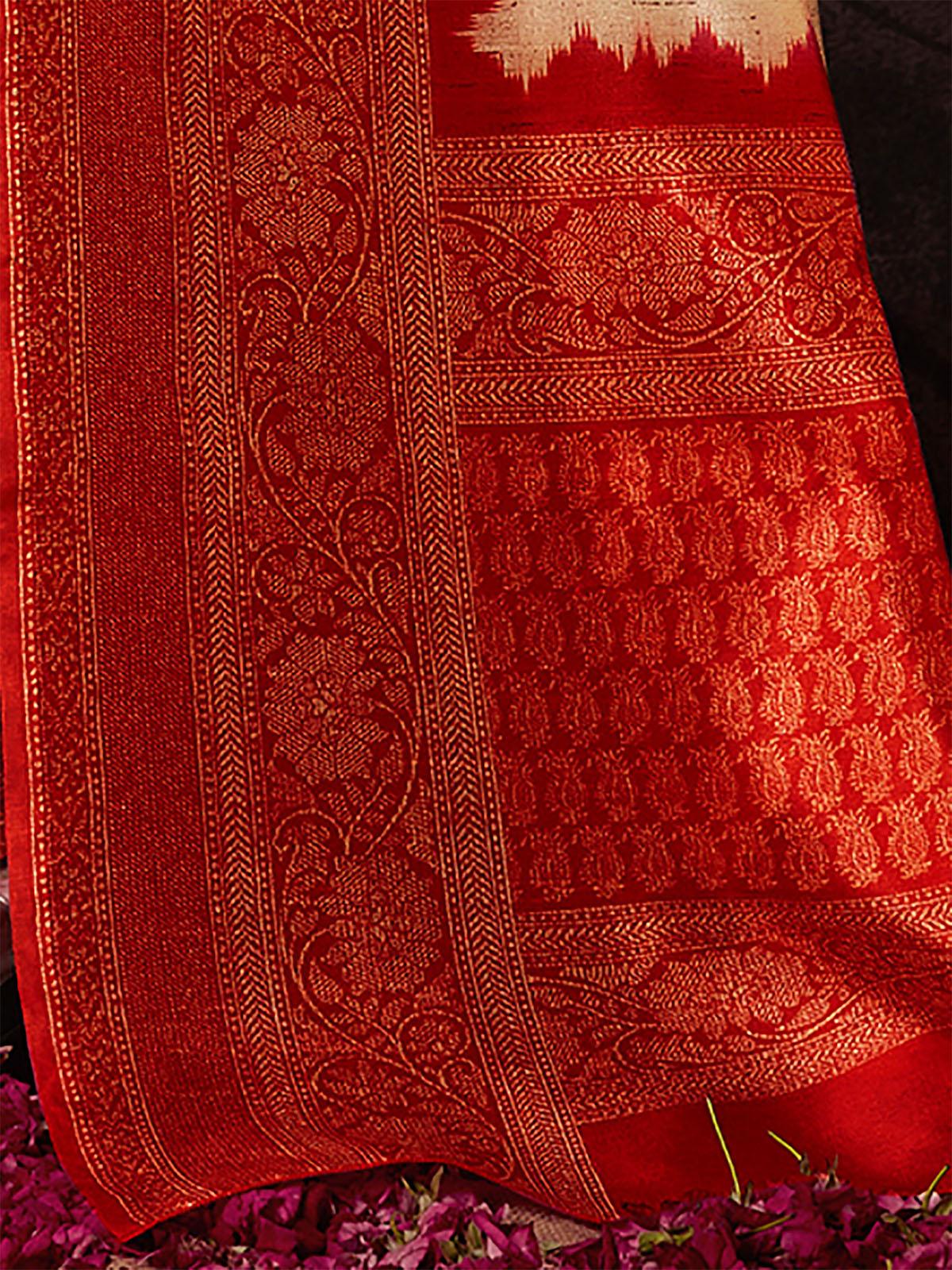 Silk Blend Off White and Red Printed Designer Saree - Odette