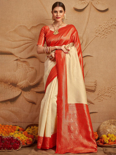 Silk Blend Off White and Red Woven Designer Saree - Odette