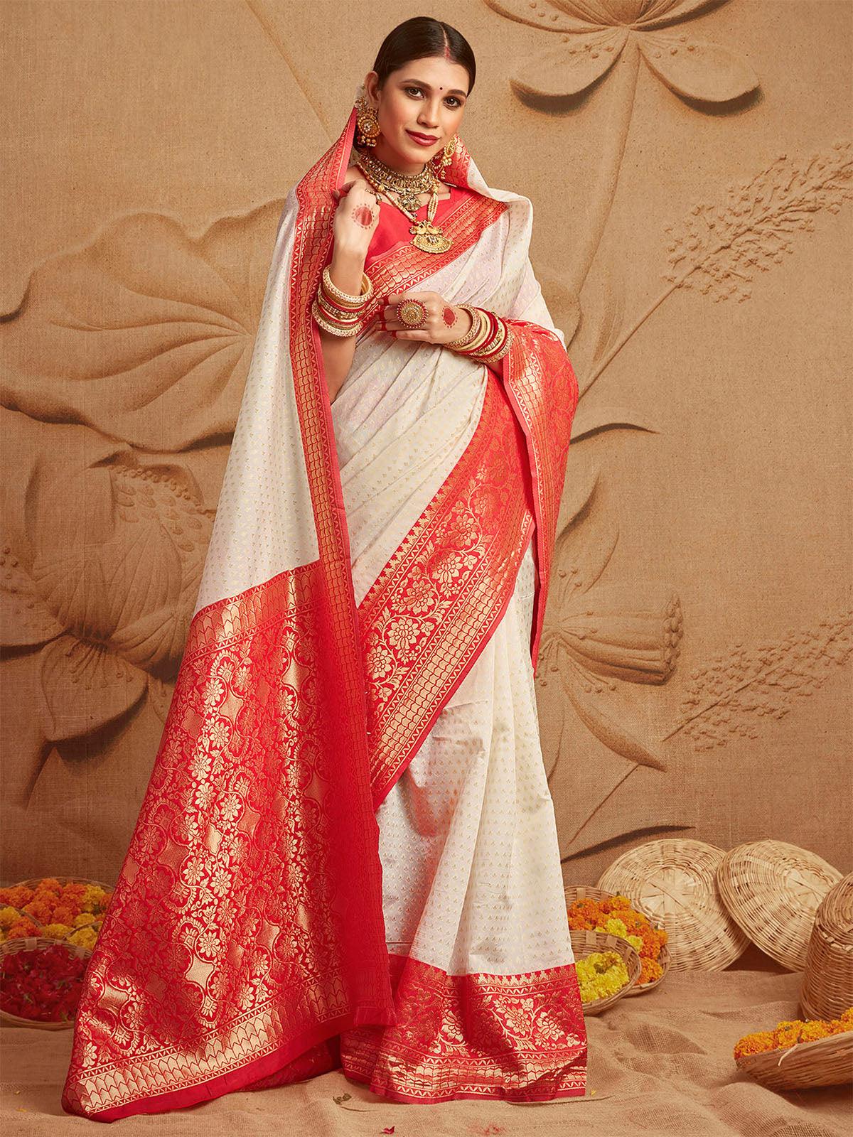 Silk Blend Off White and Red Woven Designer Saree - Odette