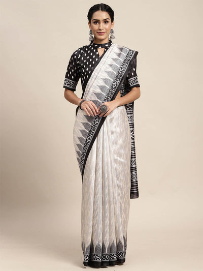 Silk Blend Off White Printed Saree With Blouse Piece - Odette