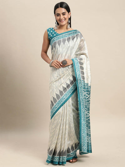 Silk Blend Off White Printed Saree With Blouse Piece - Odette