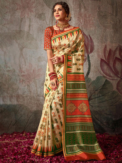 Silk Blend Off White, Red and Green Printed Designer Saree - Odette