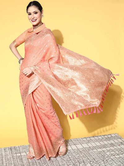 Silk Blend Peach Woven Design Saree With Blouse Piece - Odette
