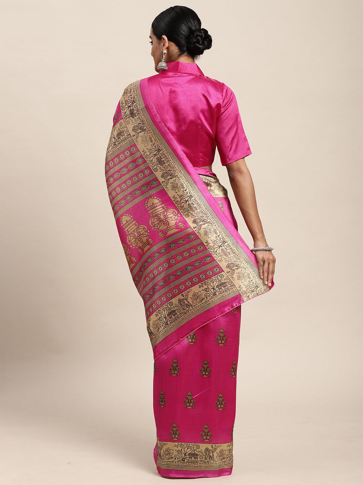 Silk Blend Pink Printed Saree With Blouse Piece - Odette
