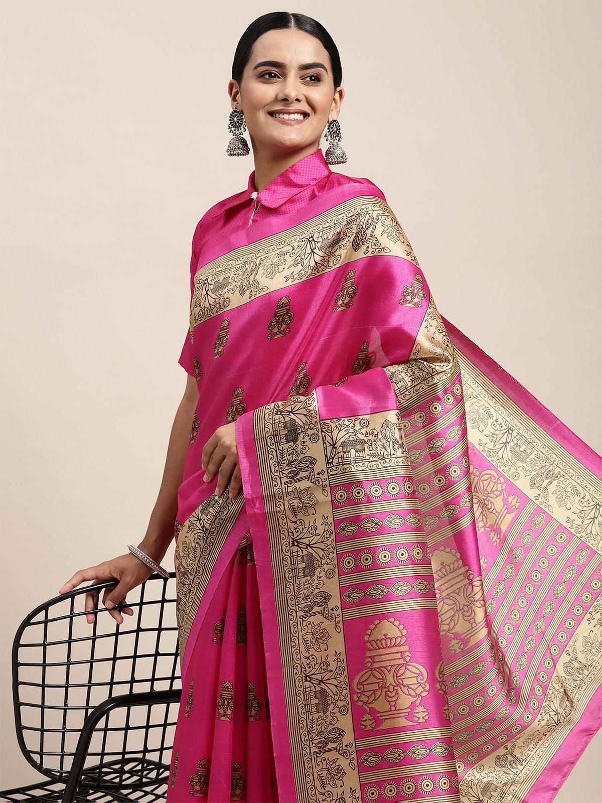 Silk Blend Pink Printed Saree With Blouse Piece - Odette