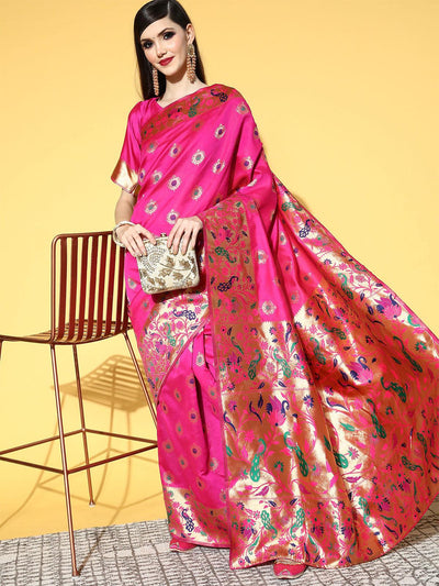 Silk Blend Pink Woven Design Saree With Blouse Piece - Odette