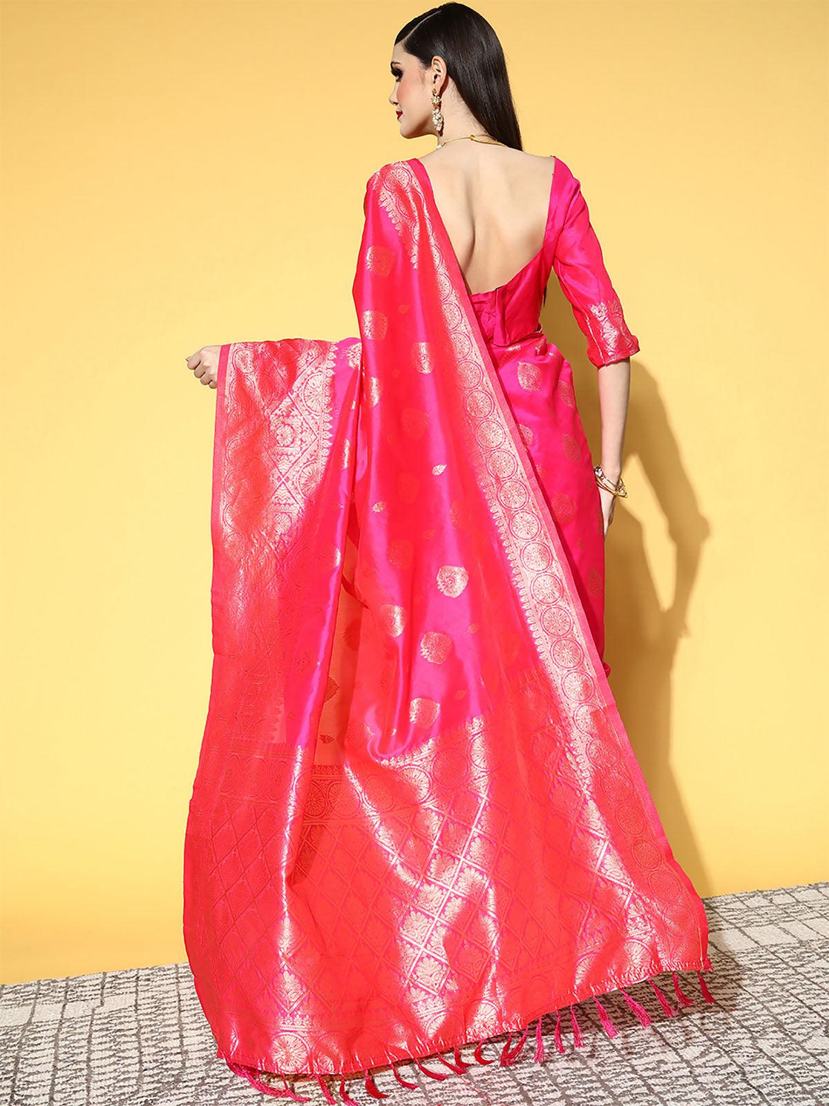 Silk Blend Pink Woven Design Saree With Blouse Piece - Odette