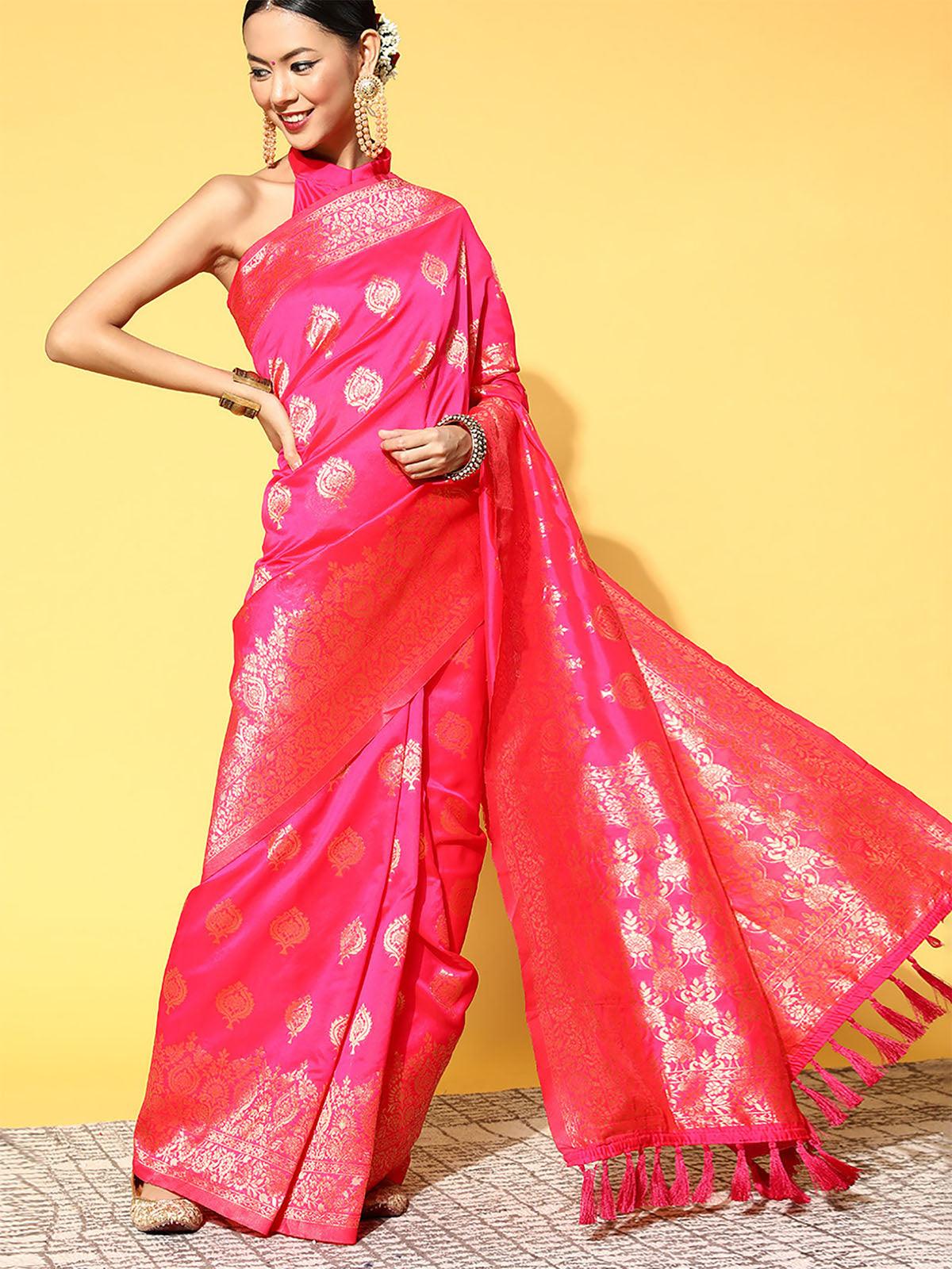 Silk Blend Pink Woven Designer Saree With Blouse Piece - Odette