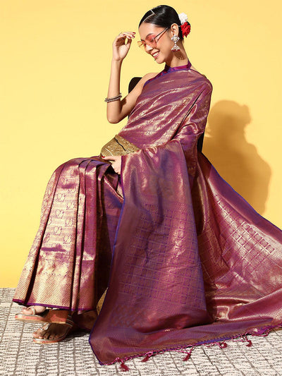 Silk Blend Purple Woven Design Saree With Blouse Piece - Odette
