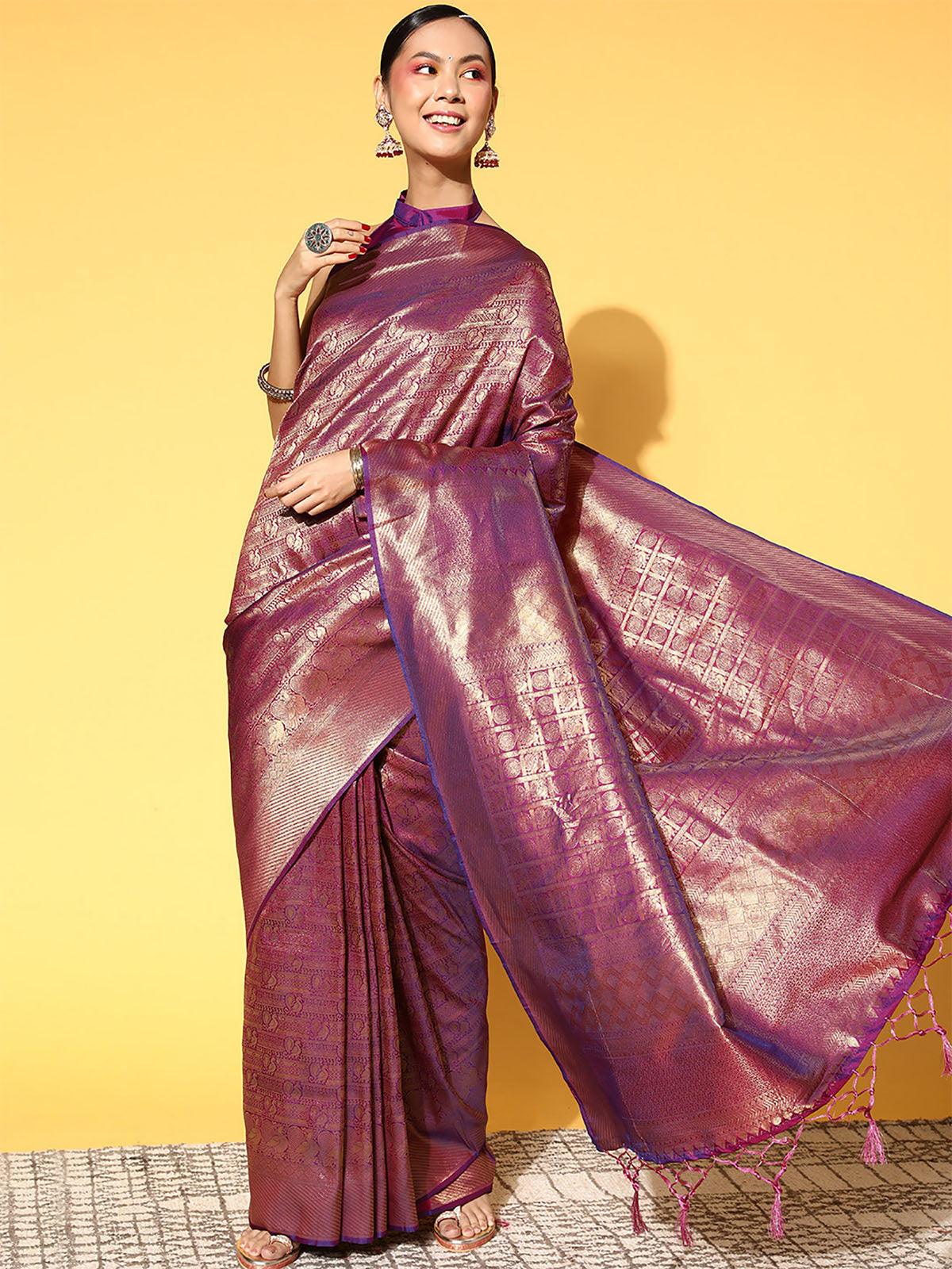 Silk Blend Purple Woven Design Saree With Blouse Piece - Odette