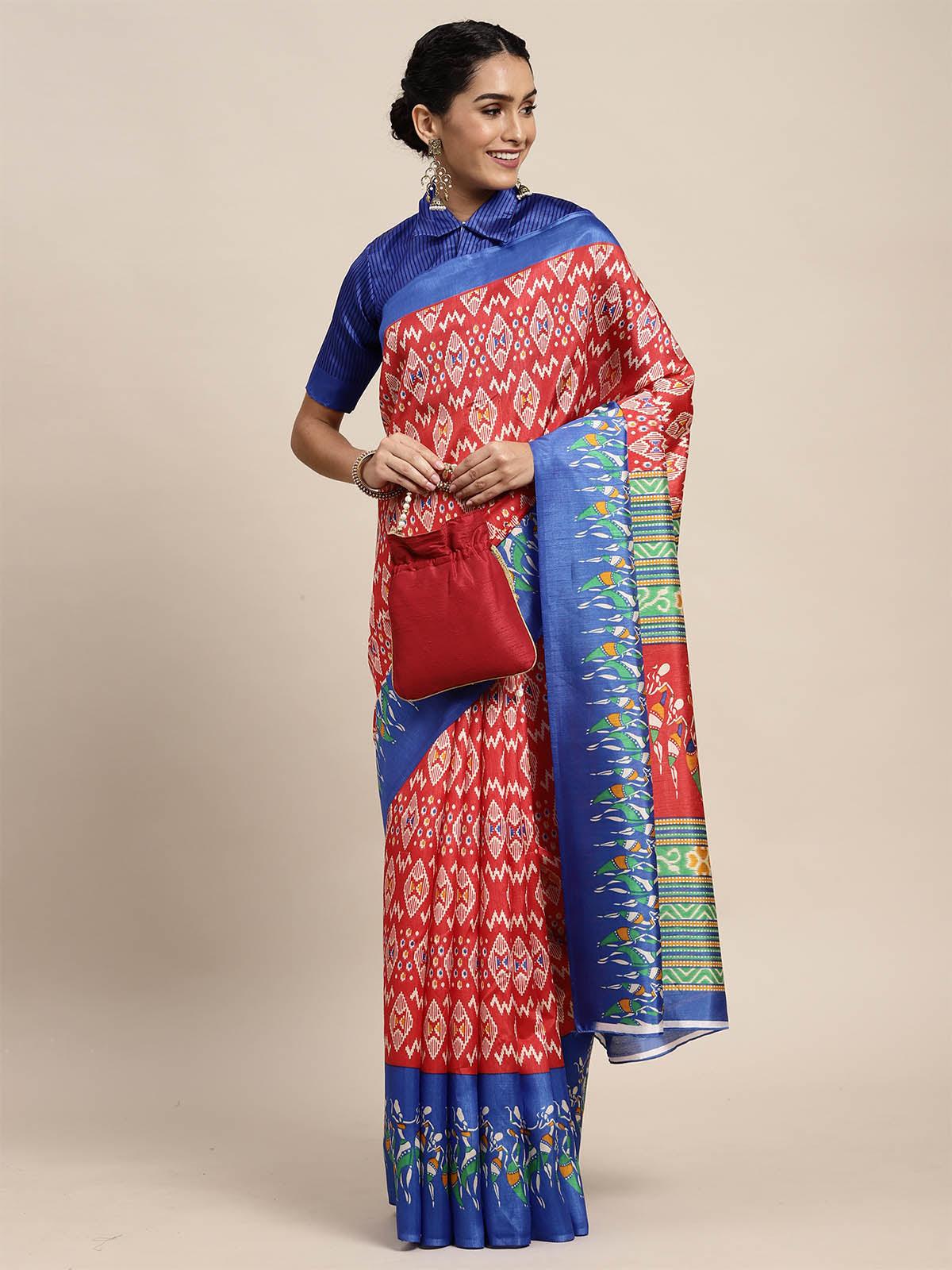 Silk Blend Red Printed Saree With Blouse Piece - Odette