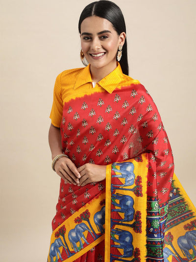 Silk Blend Red Printed Saree With Blouse Piece - Odette