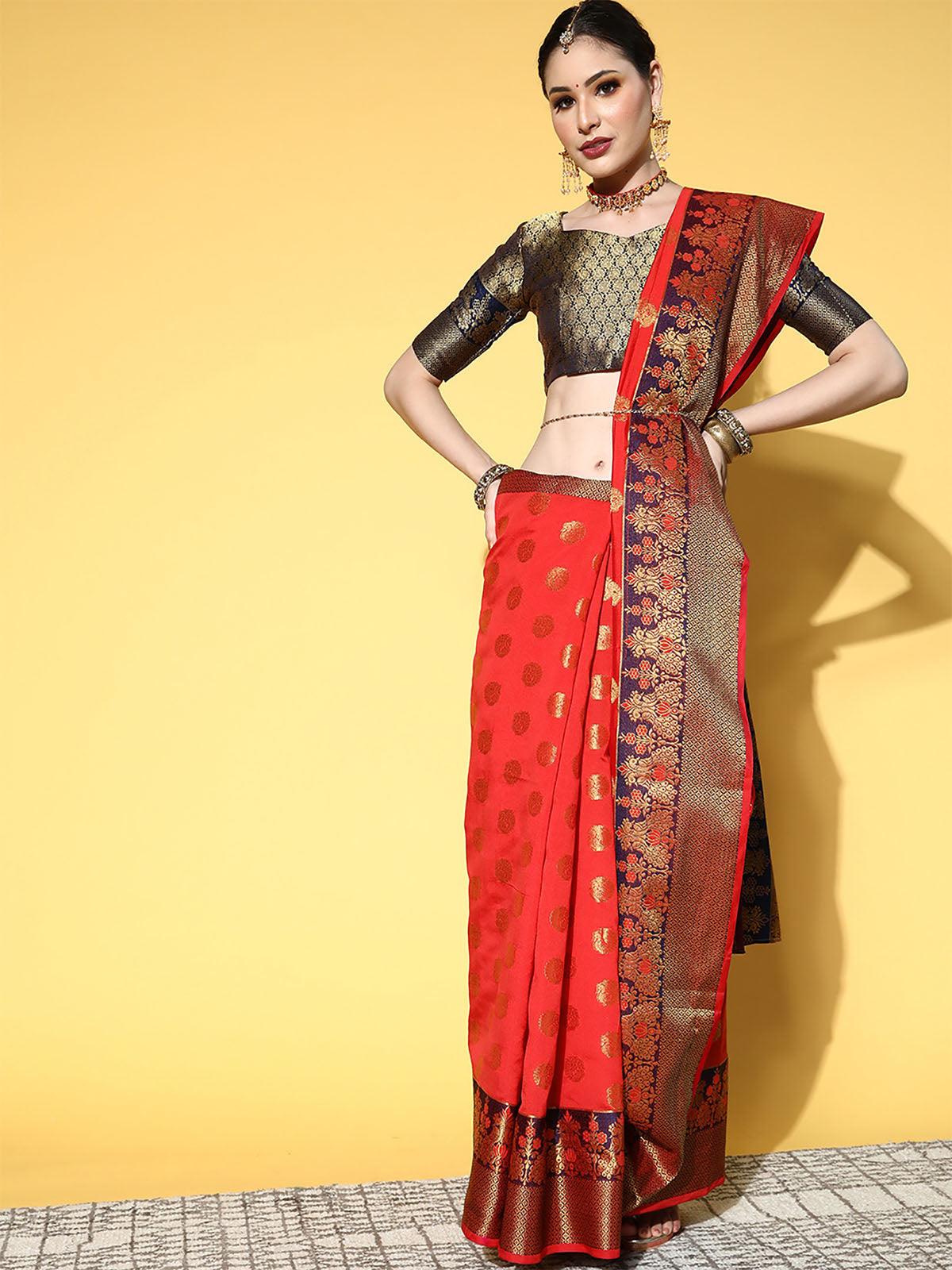 Silk Blend Red Woven Design Saree With Blouse Piece - Odette