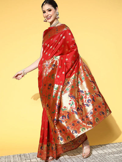 Silk Blend Red Woven Design Saree With Blouse Piece - Odette