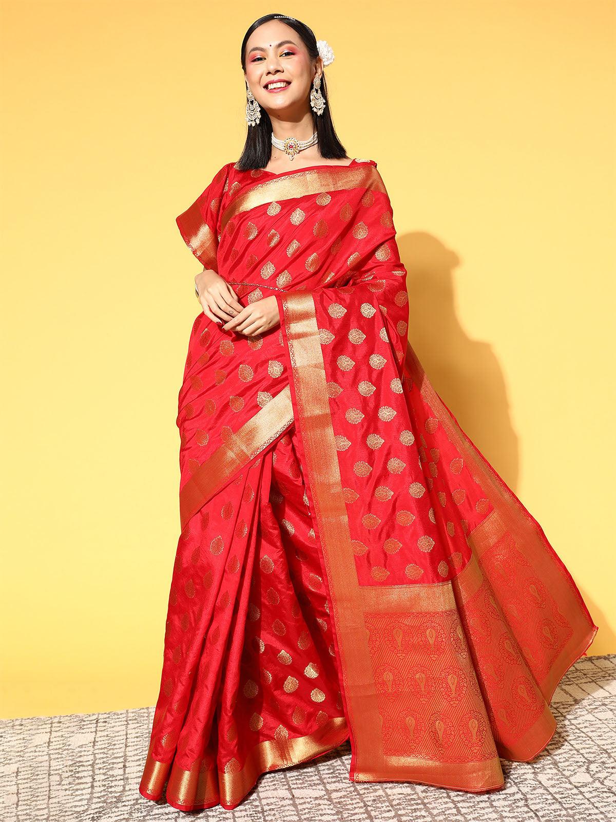 Silk Blend Red Woven Designer Saree With Blouse Piece - Odette