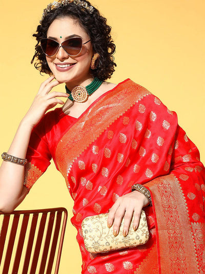 Silk Blend Red Woven Designer Saree With Blouse Piece - Odette