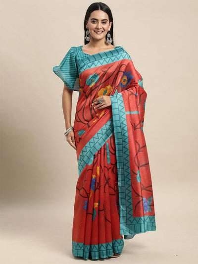 Silk Blend Rust Printed Saree With Blouse Piece - Odette