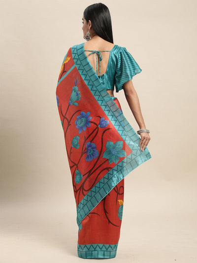 Silk Blend Rust Printed Saree With Blouse Piece - Odette