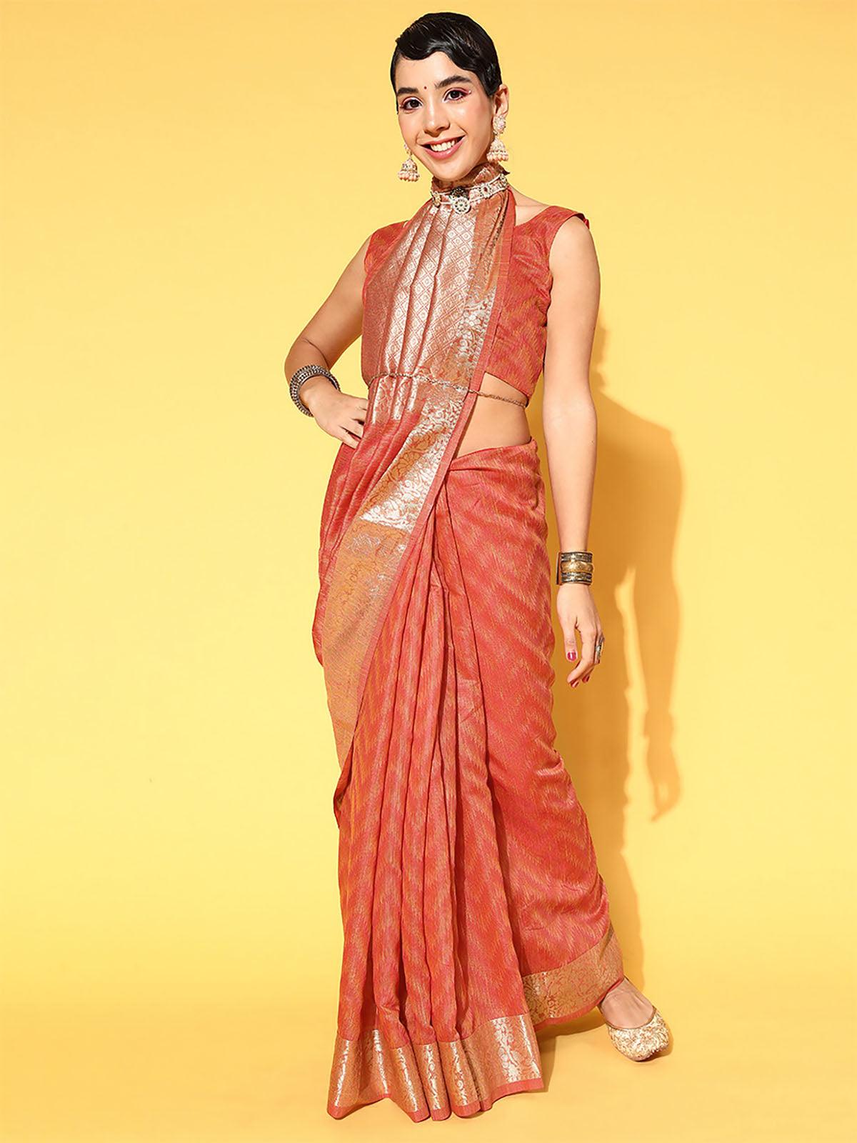 Silk Blend Rust Woven Designer Saree With Blouse Piece - Odette