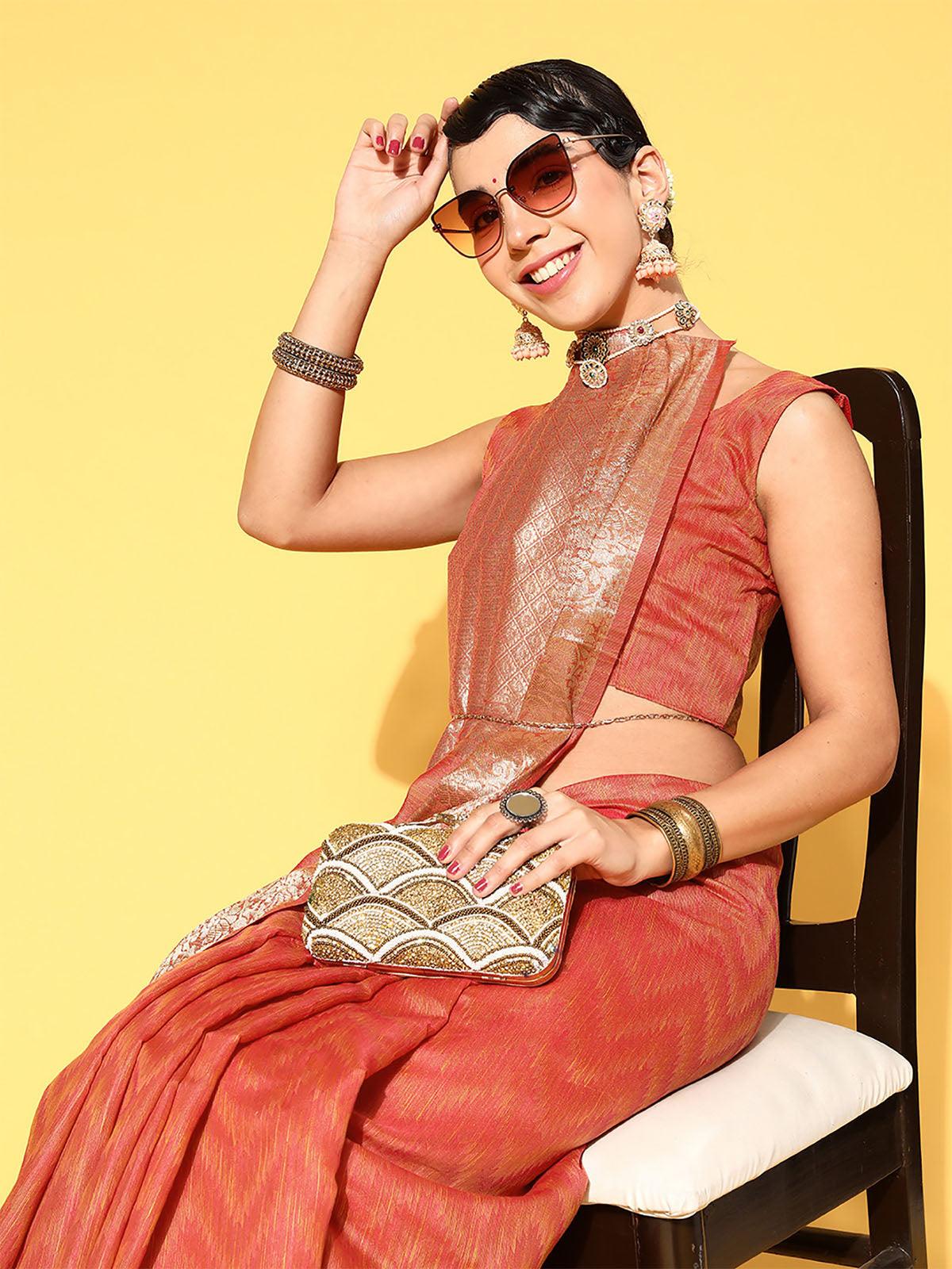 Silk Blend Rust Woven Designer Saree With Blouse Piece - Odette