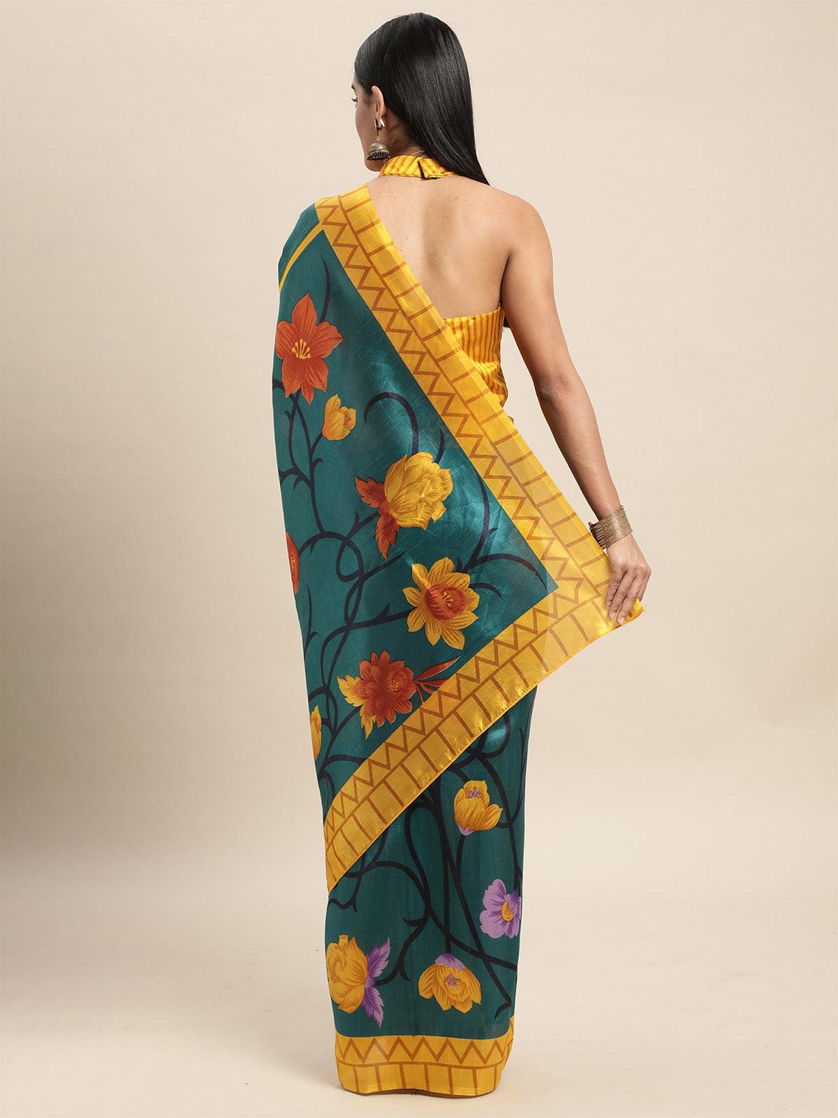 Silk Blend Teal Blue Printed Saree With Blouse Piece - Odette