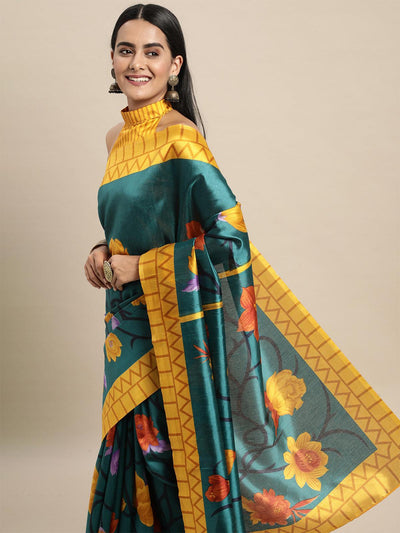 Silk Blend Teal Blue Printed Saree With Blouse Piece - Odette