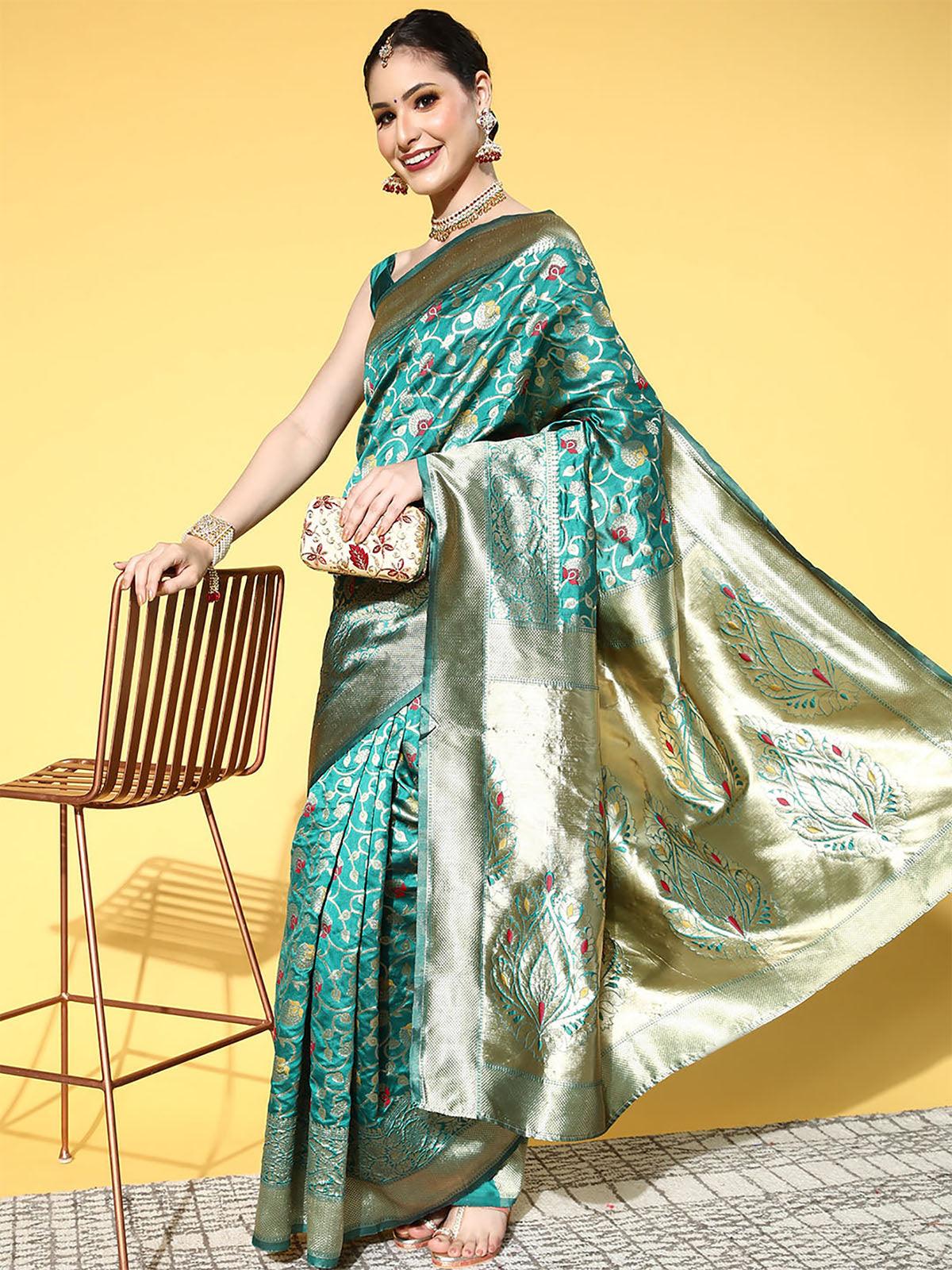 Silk Blend Teal Green Woven Design Saree With Blouse Piece - Odette
