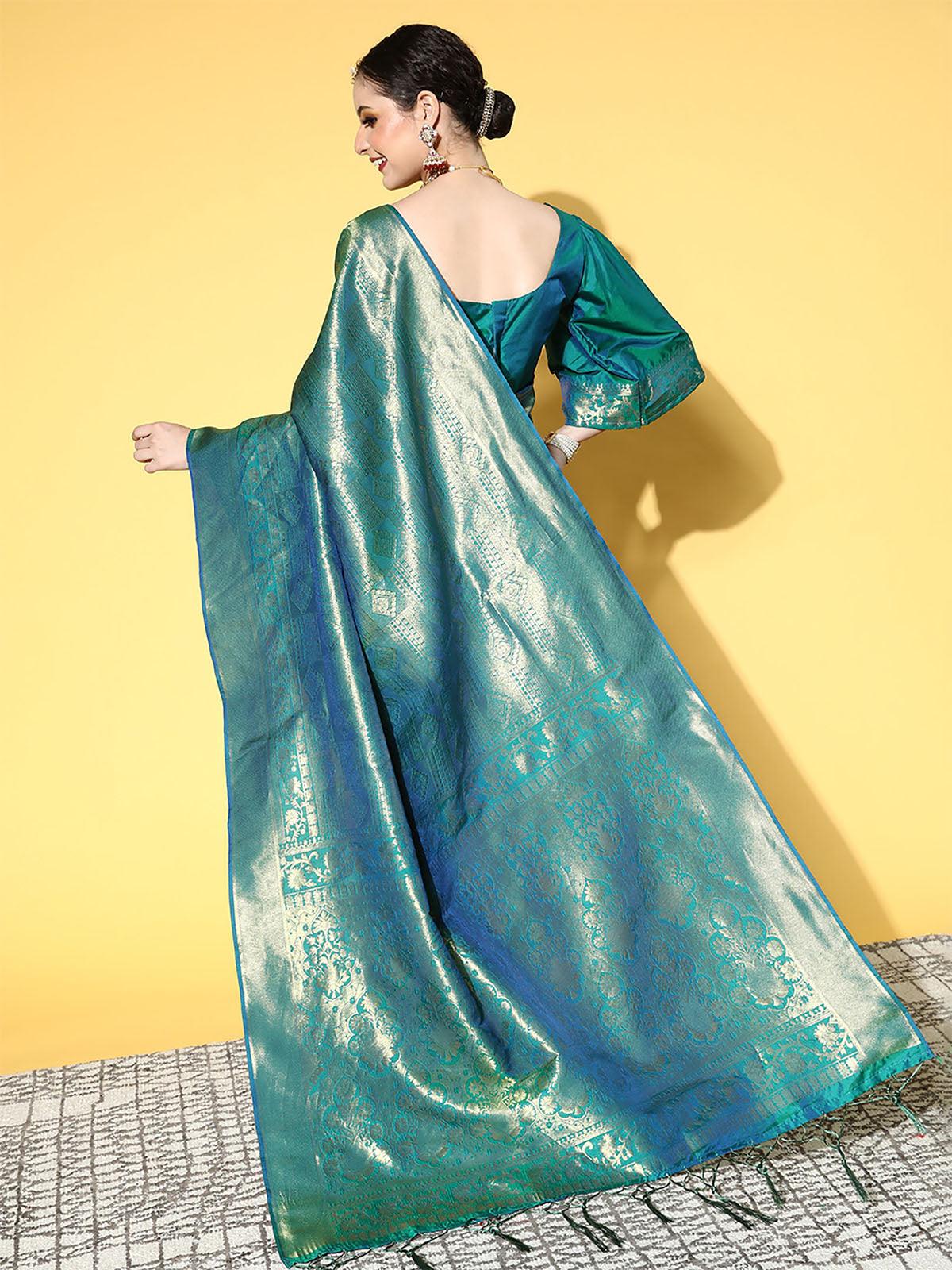 Silk Blend Teal Green Woven Design Saree With Blouse Piece - Odette