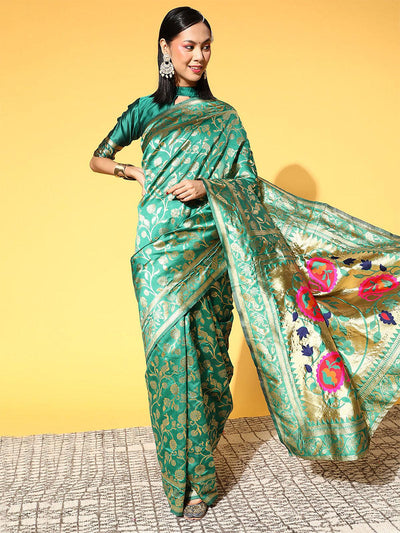 Silk Blend Teal Green Woven Designer Saree With Blouse Piece - Odette